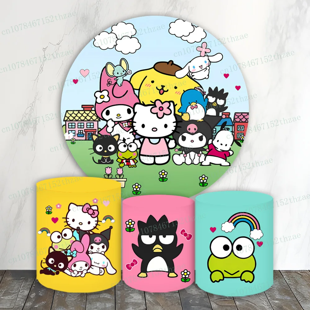 

Hello Kitty Birthday Party Photo Backdrop Baby Shower Photo Background Round&Cylinders Plinth Covers Banner