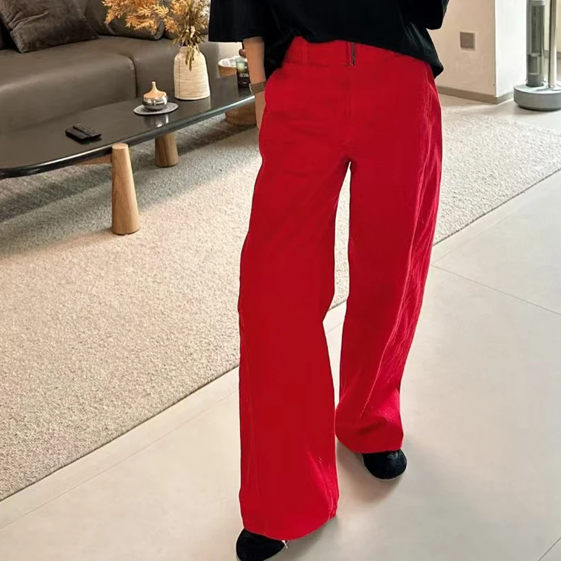 Ladies' simple jeans, red wide-leg pants with belt decoration, fashionable and versatile long pants, high quality, new style,