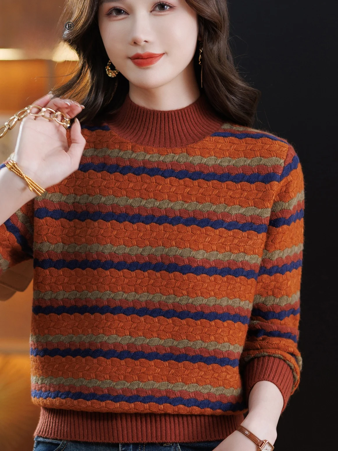 

Faionable Loose Warm Striped Color Blo f High Ne Knitted Sweater Women's Overhead Base Layer irt ly Women's F...