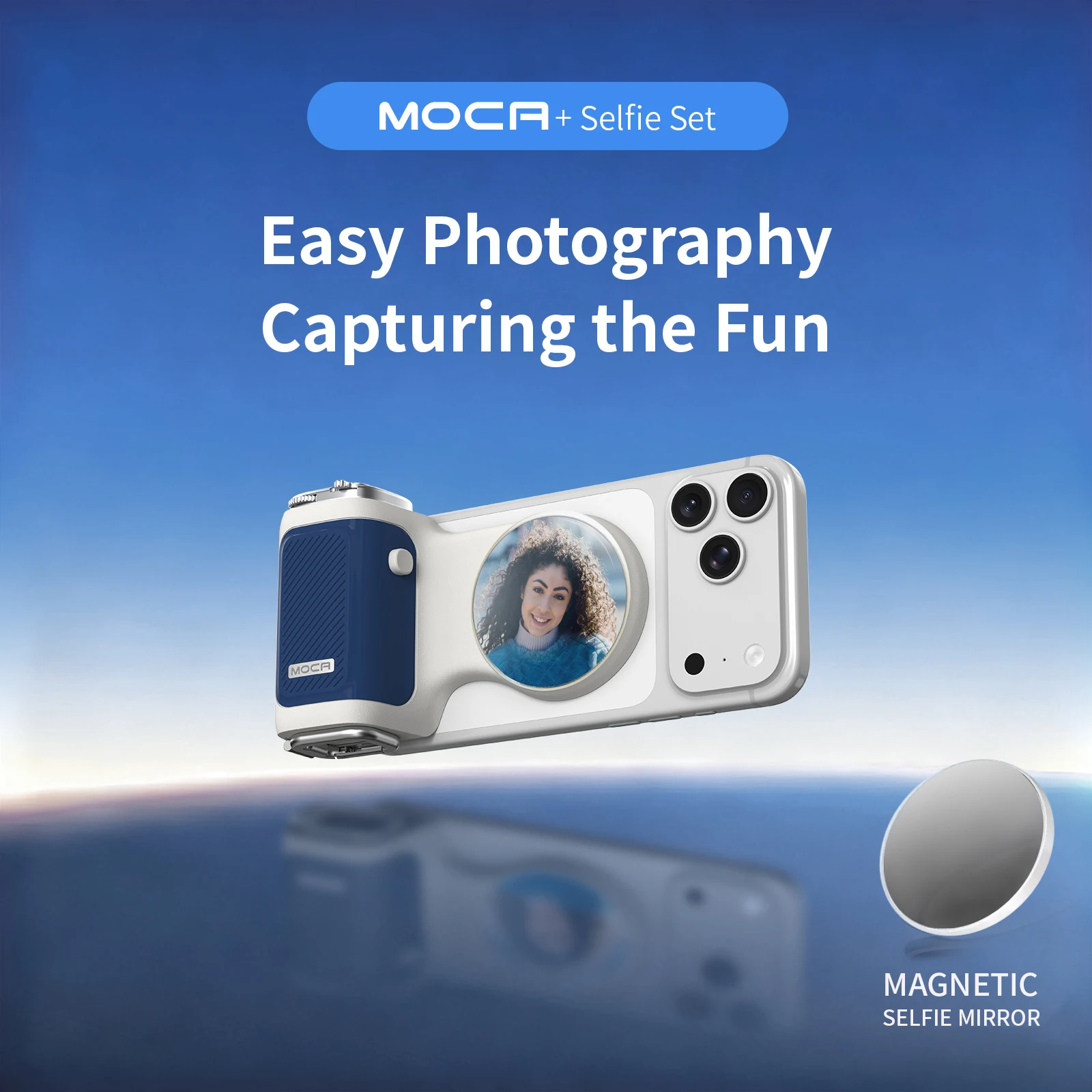 قبضة إطلاق مريح من COMITOK MOCA لهواتف iPhone، قفل التركيز/مصراع DSLR، جهاز تحكم عن بعد قابل لإعادة الشحن + مرآة اختيارية/إضاءة ملء