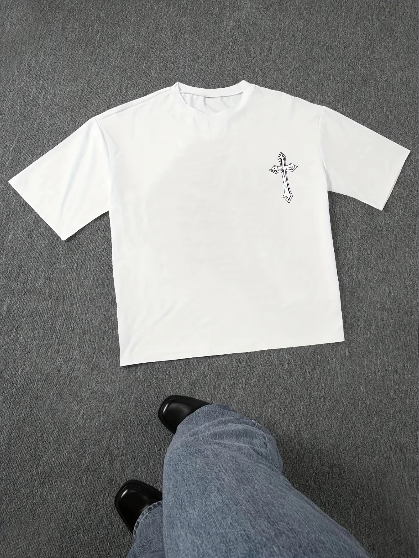 

Summer Short Sleeve T-Shirt with Bold Inspirational Lettering Cross Design Black with Red White Print Regular Casual Tee