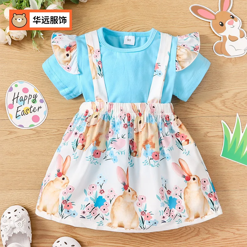 

Ins Foreign Trade Children's Clothing Spring and Autumn Solid Color Short sleeved T-shirt Rabbit Printed Strap Skirt Set