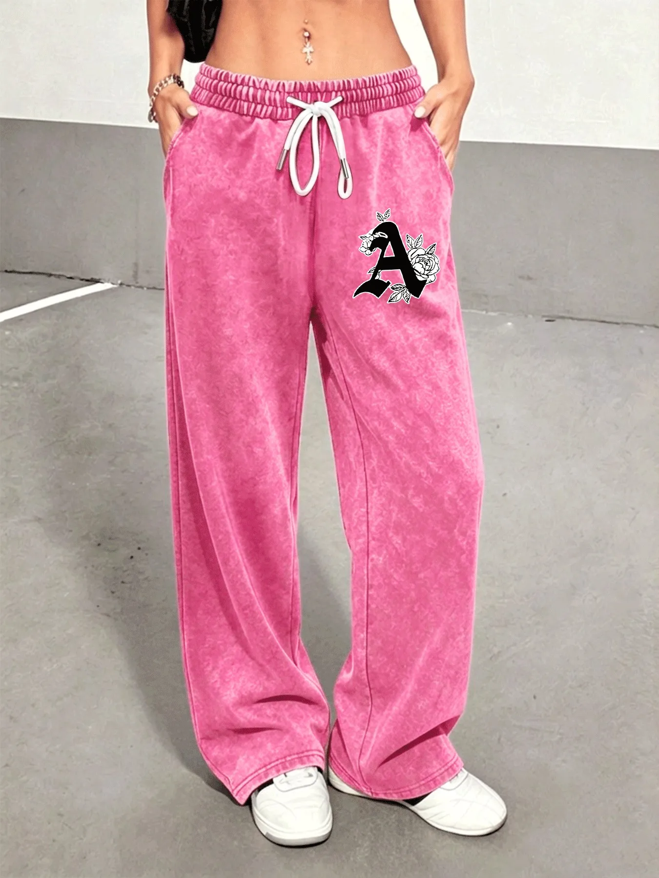 Vintage Washed Distressed Trousers for Women, Stylish Comfortable Versatile Letter Print Pants