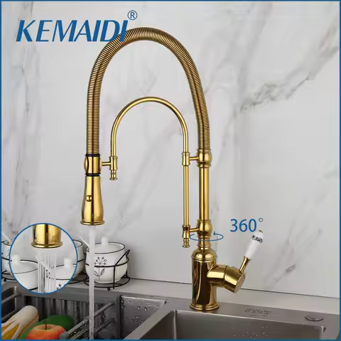 KEMAIDI Golden Spring Pull Down Kitchen Sink Faucet Hot &amp; Cold Mixer Crane Tap with Dual Spout Deck Mounted Hot Cold Faucets