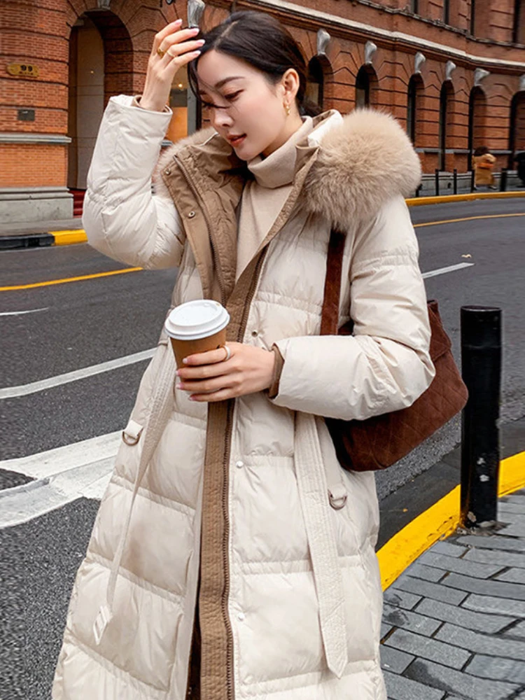 Long Thickend Down Jacket Women Winter New High-Quality Fox Fur Collar Lace-Up Waist Slim Fit Plus Size 90 White Duck Downs Coat