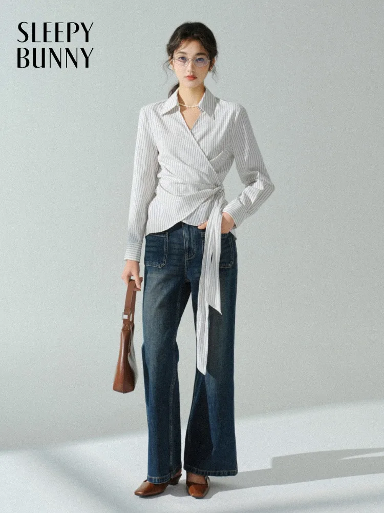 

Элегантная полосатая блузка для женщин, облегающая рубашка с длинным рукавом и завязкой на талии, повседневный модный топ для осени, офиса и повседневной носки