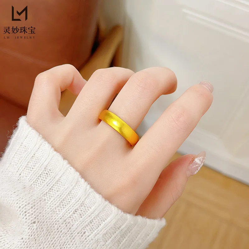 

Ancient method 24K real gold 999 matte wide face back pattern solid pure ring opening ring simple fashion gift for girlfriend