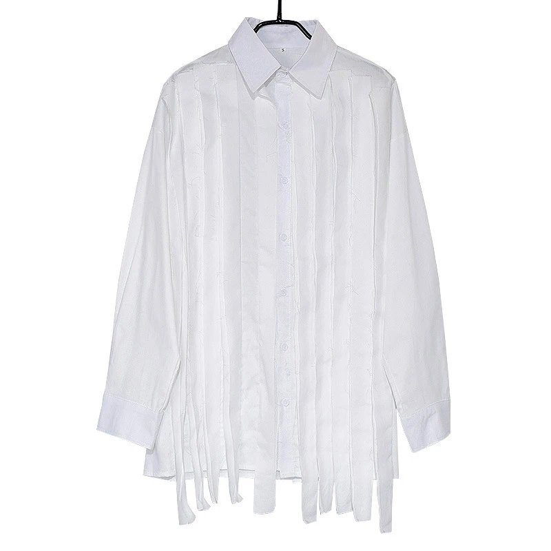 IEFB New 2023 Large Loose Patchwork Fringed Ribbon Long Sleeve Irregular Shirt Single Breasted Simple Temperament 9A3172