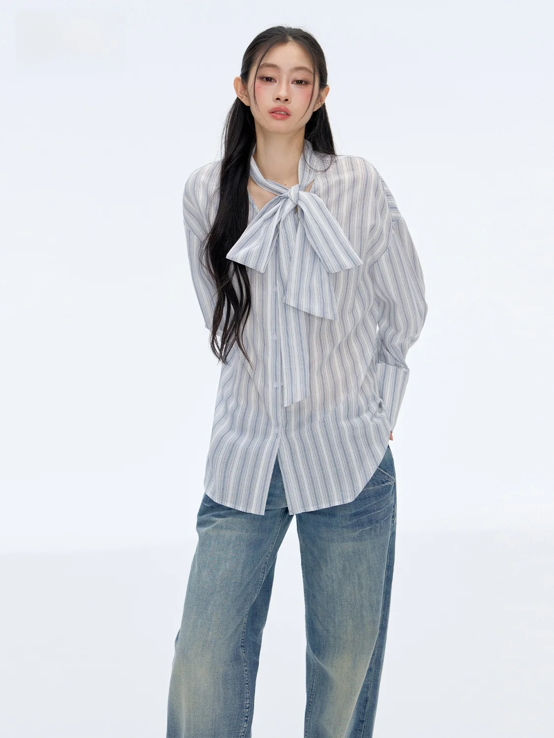 

PUNCH Early Autumn Long Sve irt Bow Tie Knot Korean Sle Ele Design Pure Cotton Loose Fit Women's irt