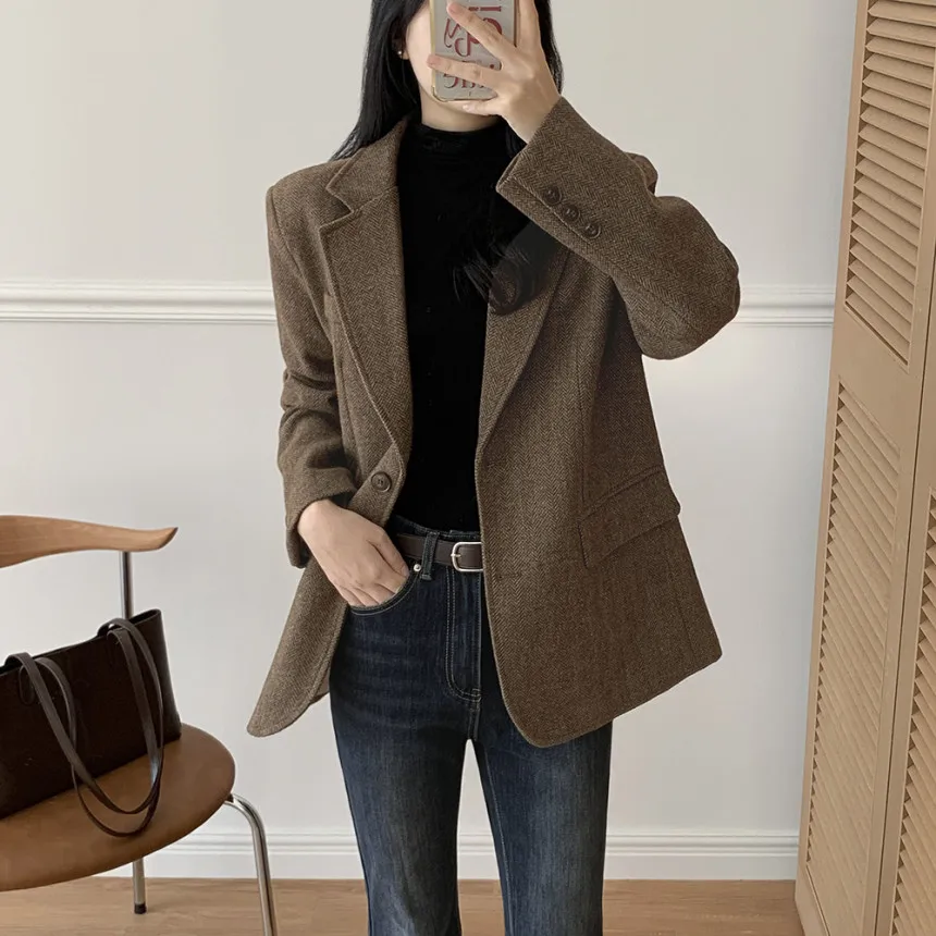 

High Quality Single-breasted Herringbone Tweed Blazer Wonen Korean Fashion Notched Coat Office Ladies Elegant Outwear Jacket New