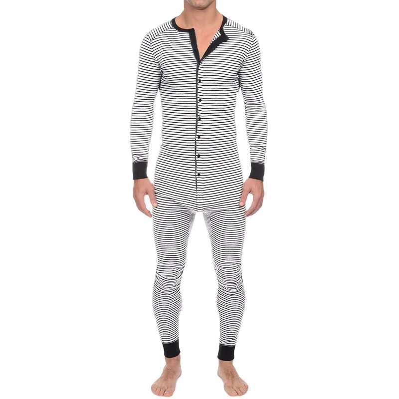 Conjunto de pijama manga comprida listrada para homens, casual, macacão magro, gola O, botões Romper, geral, pijamas