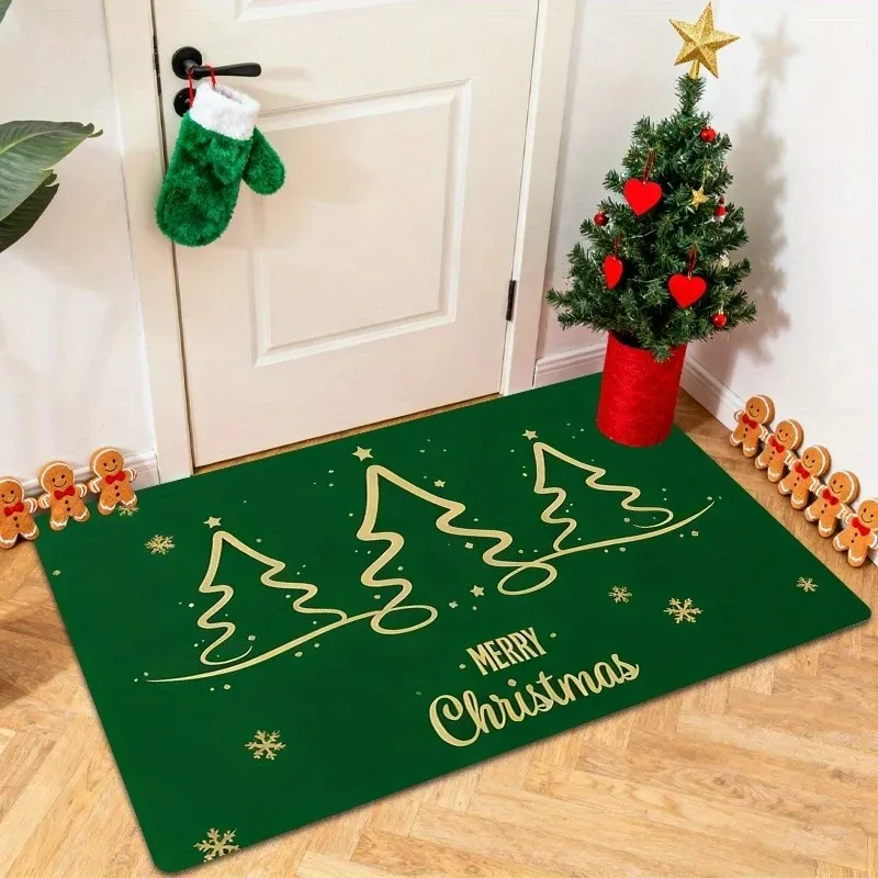 1Pc Christmas-Themed Flannel Doormat - Machine Washable Carpet, Green Background with Golden Christmas Tree Pattern