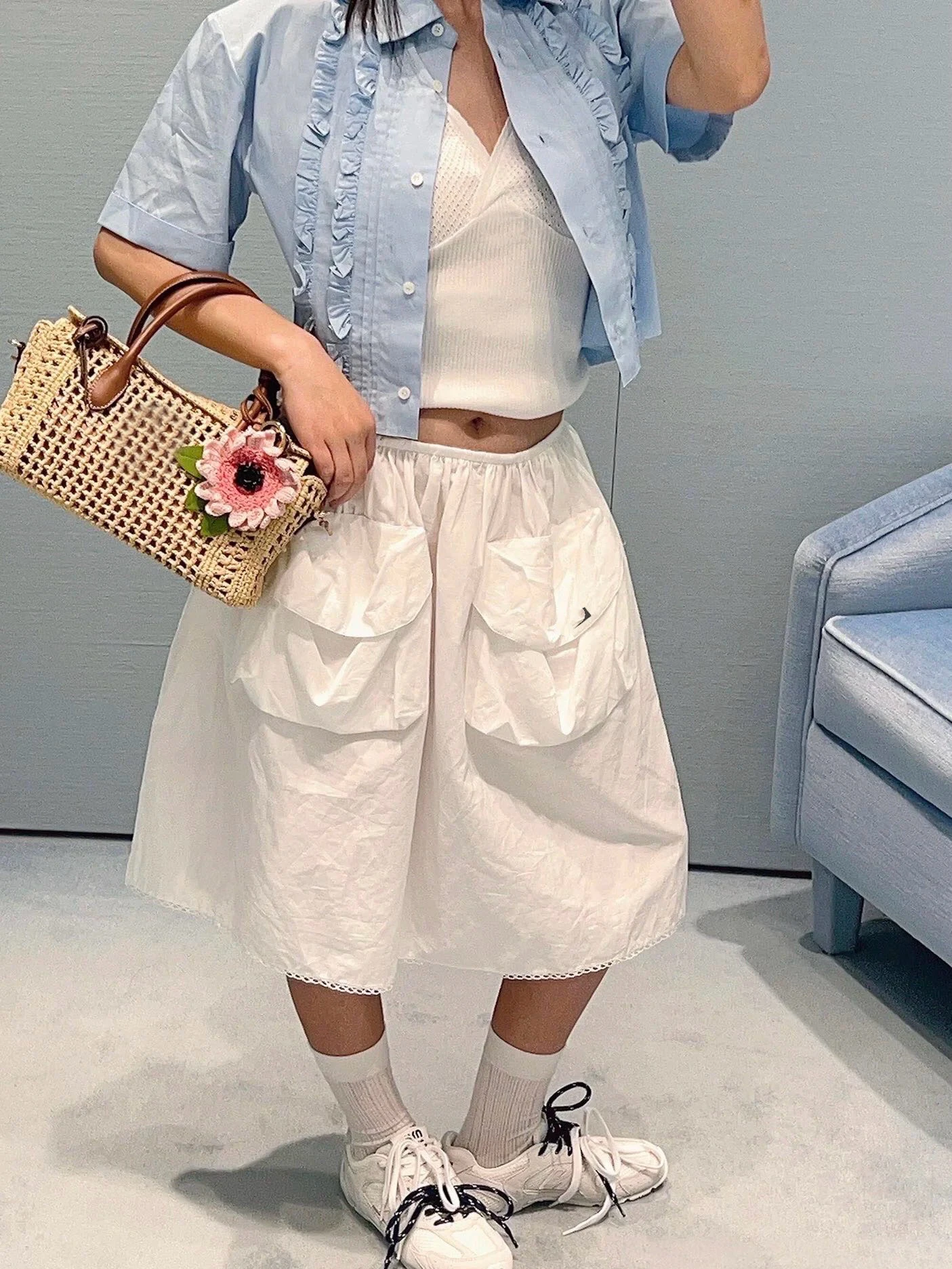 

Summer 2026 Women's A-Line Skirt with Big Pockets Sweet Cool Style Cotton Workwear High Waist Pleated Skirt Cotton Blend