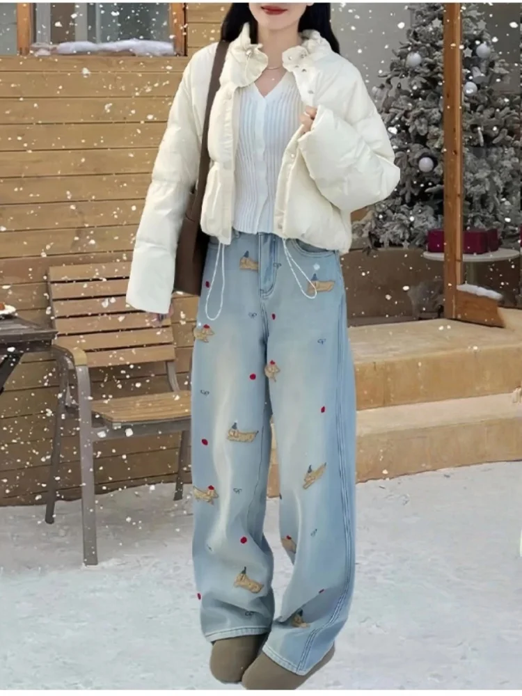

American Retro Fleece Lined High Waist Wide Leg Jeans Women Winter Slimming Floor Length Pants plus Size Conceal Meat