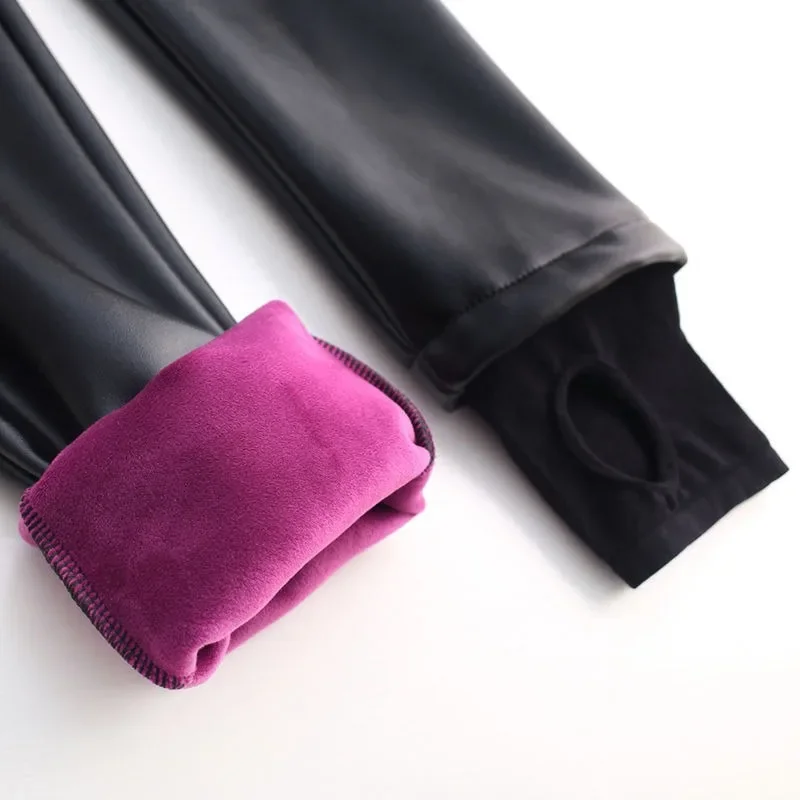 Fleece Leather Pants Women\'s  New Autumn and Winter Tight High Waist Bright Stirrup Leggings Outer Wear Thick Soft Leather Pants