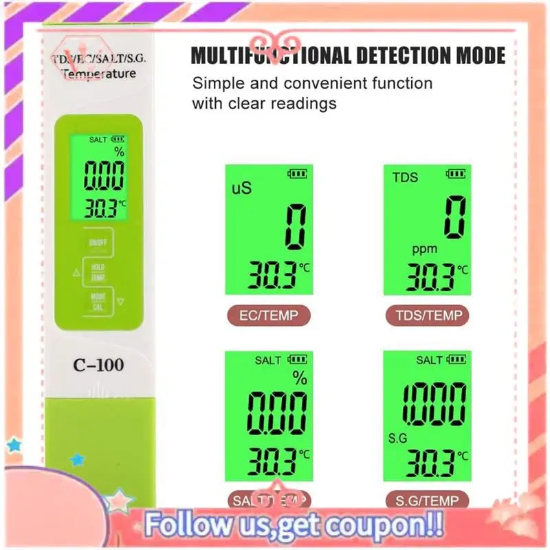 

Upgraded 5 In 1 Portable Salinity/Temperature/TDS/EC Digital Seawater Quality Tester For Pools&Aquariums&Saltwater&Drink Water
