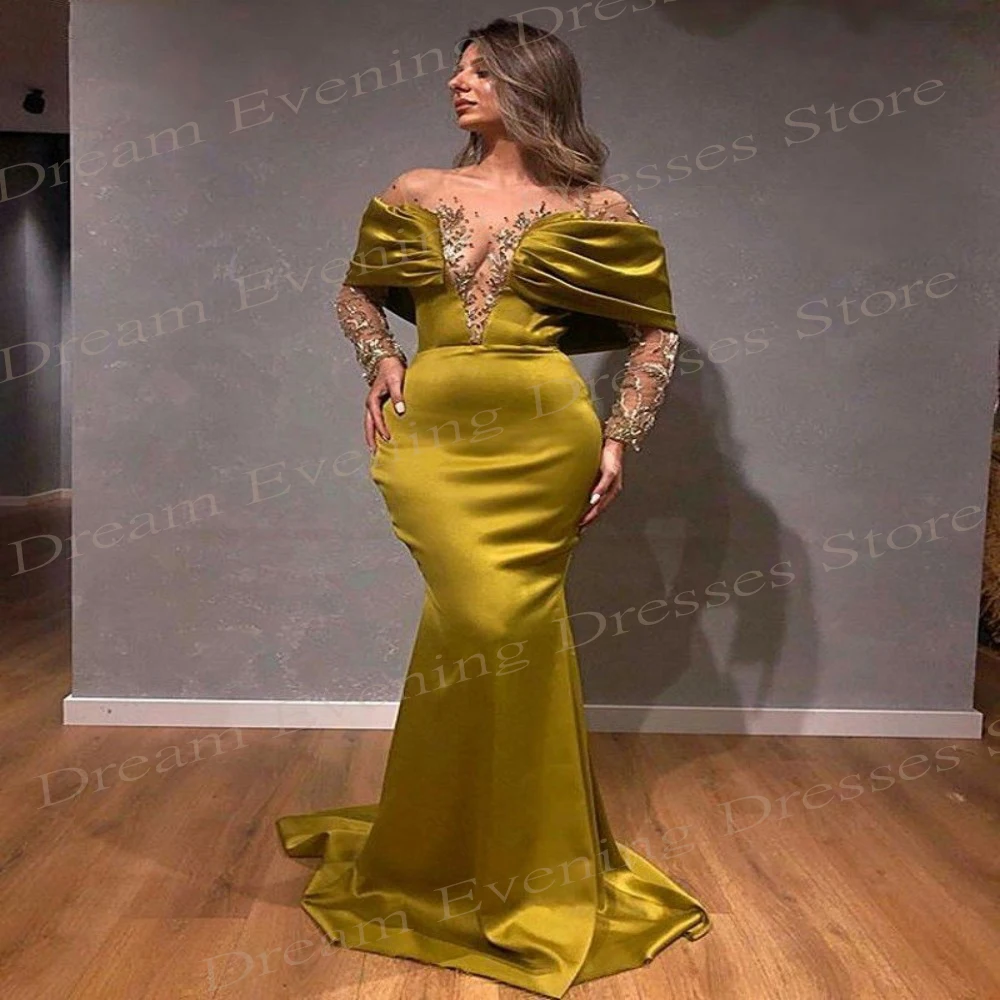 Vestido de noche con hombros descubiertos y cuentas brillantes para Mujer, Vestido amarillo encantador de sirena, escote Corazón, manga larga, Elegante