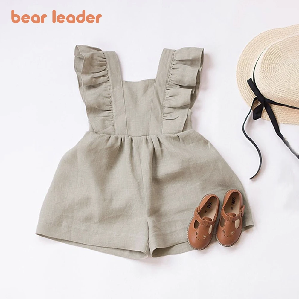 Bear Leader Summer Cotton Girls Jumpsuits One-Pieces Adjustable Flying Sleeves Kids Clothes Solid Color Rompers