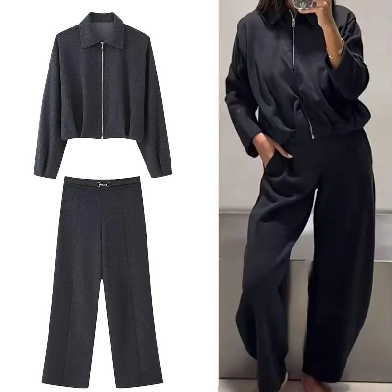 

Повседневные брюки Комплекты из 2 предметов для женщин Куртка на молнии с длинным рукавом Брюки с высокой талией Женский костюм 2025 Комплект из двух предметов Женский наряд