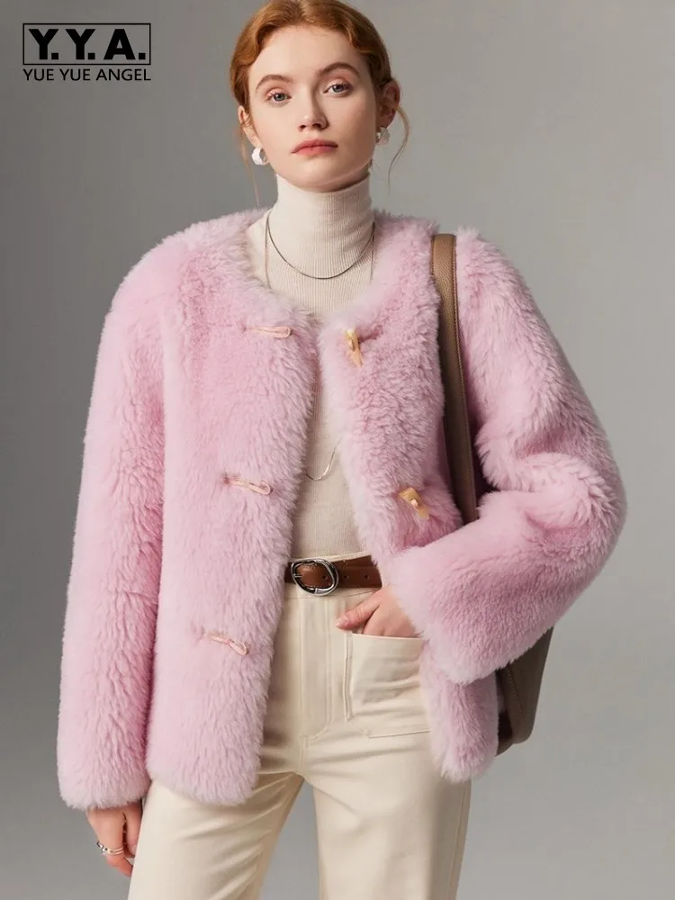 

Sweet Ladies Pink Real Wool Coat O Neck Horn Button Casual Outerwear Long Sleeve New Autumn Winter Women Sheep Shearing Jacket