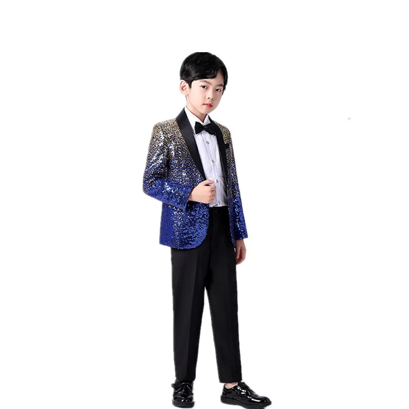 Boys Fashionable Gradient Sequins Jacket Pants Tie 3pcs Wedding Party Suits Kids Piano Performance Costume Photography Dress