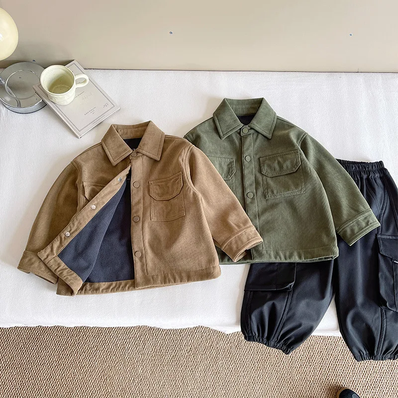 

Детская одежда, зимняя верхняя одежда, новые вельветовые рубашки в японском стиле для мальчиков и девочек, стильный кардиган с подкладкой и буквами