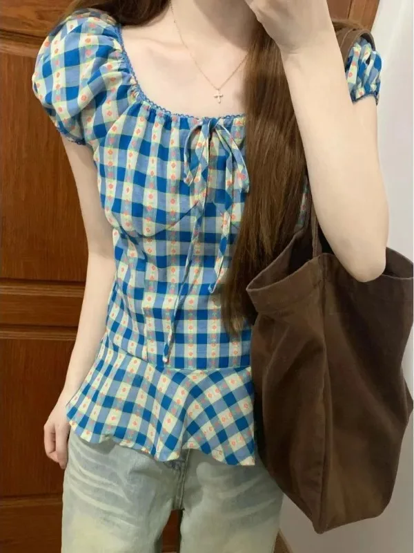 

Summer 2026 Women's Plaid Shirt Korean Style Floral Tie Short Size Large Bordered Elegant Flounce Top Commute Fashion