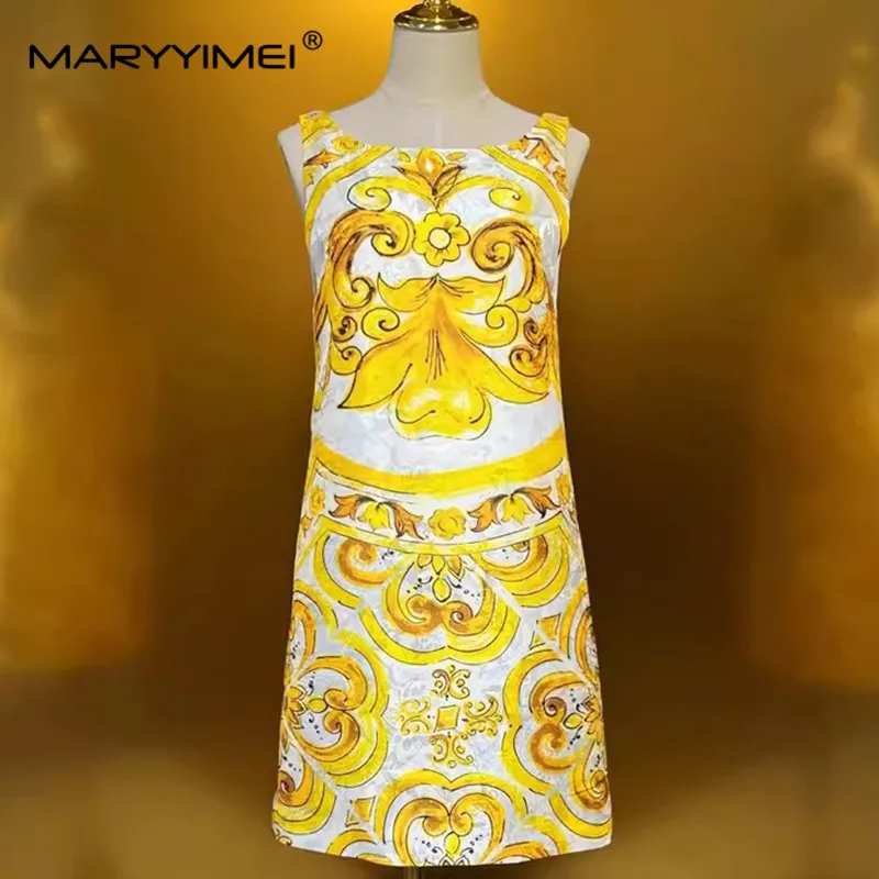 MARYYIMEI Summer Women's Dress Round neck Sleeveless Vintage Baroque Print Jacquard Silk Short Dresses