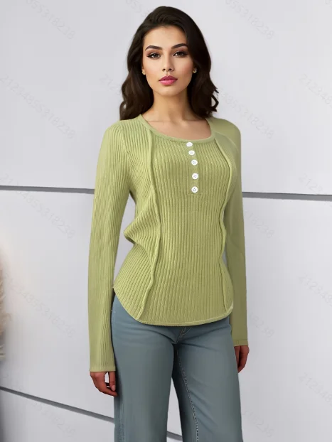 

Женский вязаный пуловер в рубчик с U-образным вырезом, шикарные модные вязаные топы с пуговицами, эластичный подол с дугой на осень-зиму