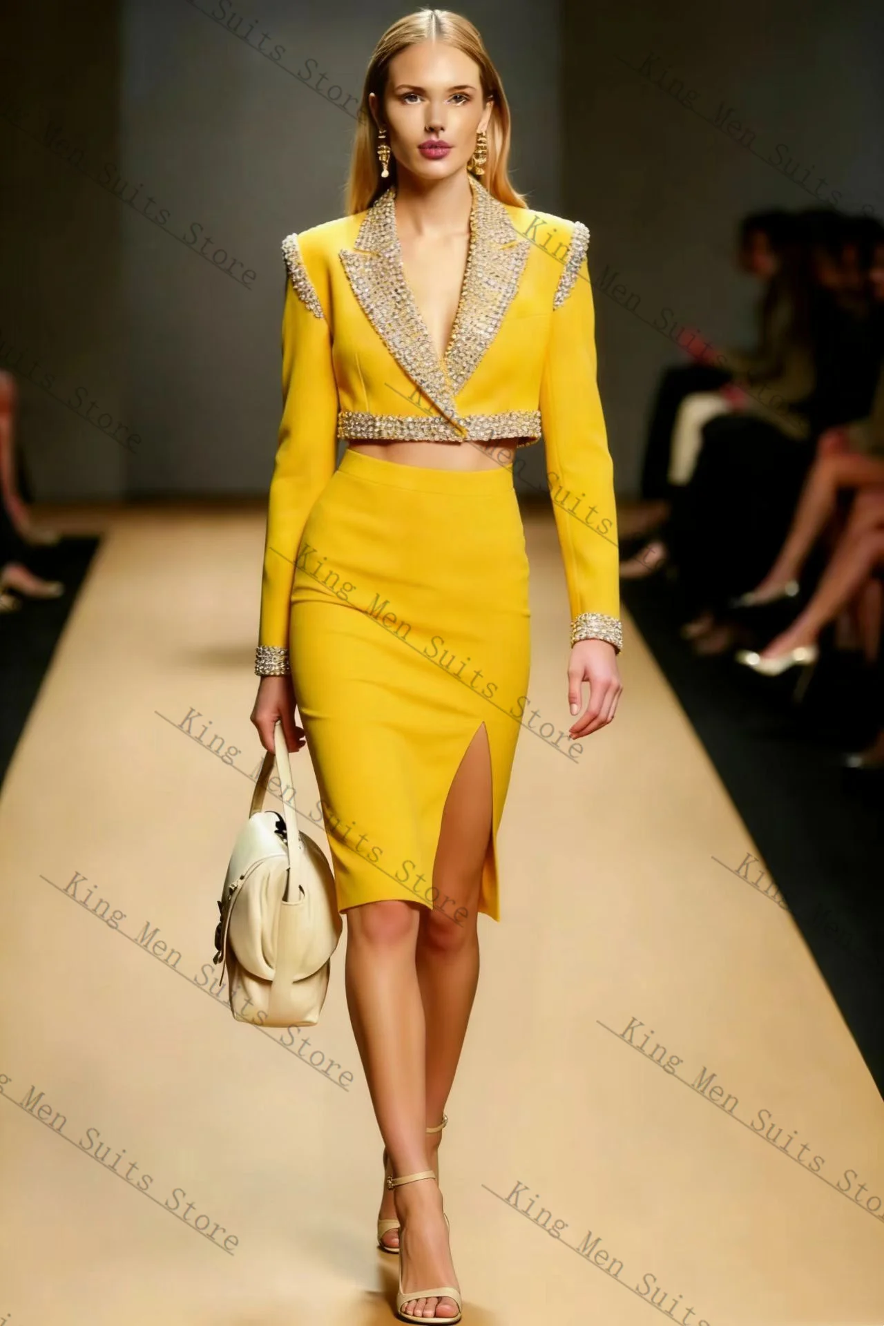 Yellow Crystals Women Suit Skirt Set 2 Pcs Blazer+Prom Dress Customized Formal Guest Wedding Tuxedos Coat Prom Party Jacket view 3