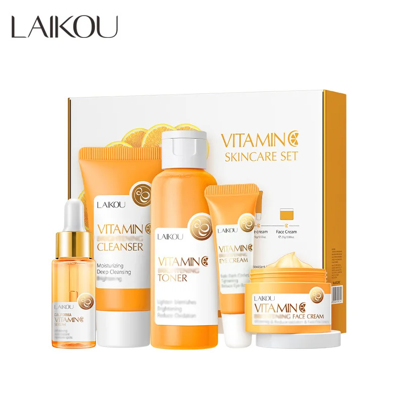 LAIKOU Vitamin C Facial Whitening Care Set Face Cleanser Fade Dark Circles Eye Cream Essence Lighten Spots VC Brightening Care