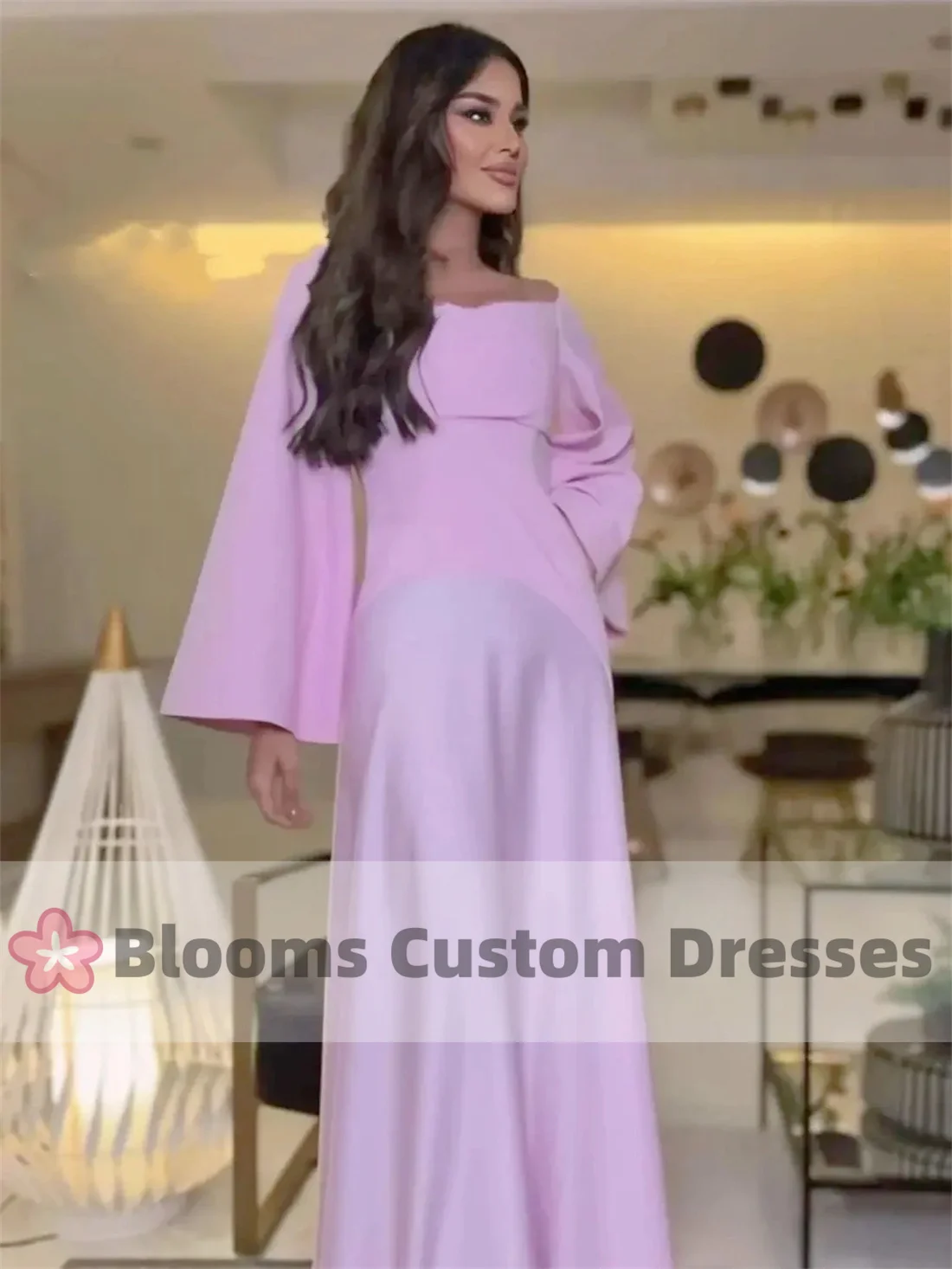 Blooms Customized Prom Dresses Off Shoulder Pink Evening Dress For Women Long Sleeves Saudi Arabia Formal Wedding Party Dress