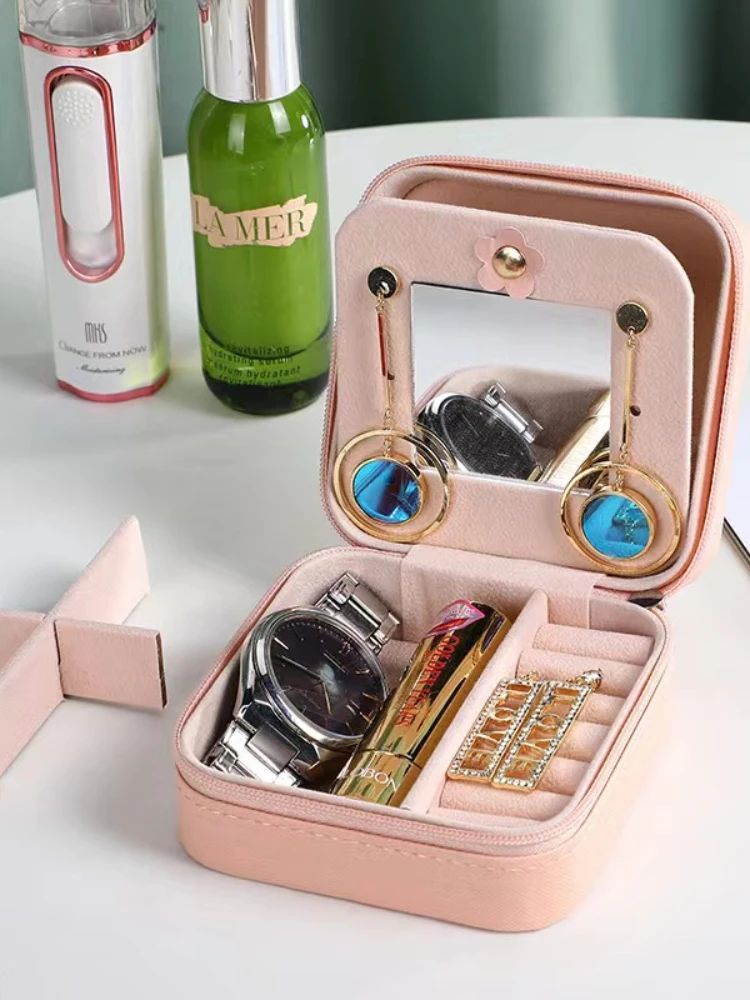 

Jewelry storage box with mirror PU jewelry jewel box Simple portable earring necklace storage box