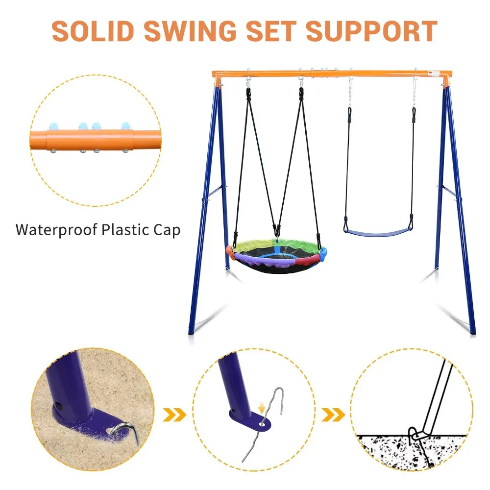 Swing Set for Backyard with Heavy-Duty A-Frame Metal, 1 Saucer Swing Seat & 1 Belt Swings Seat