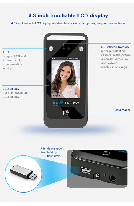 Suporte de reconhecimento facial dinâmico WIFI Sistema de controle de acesso de atendimento com software Controle de acesso de atendimento biométrico