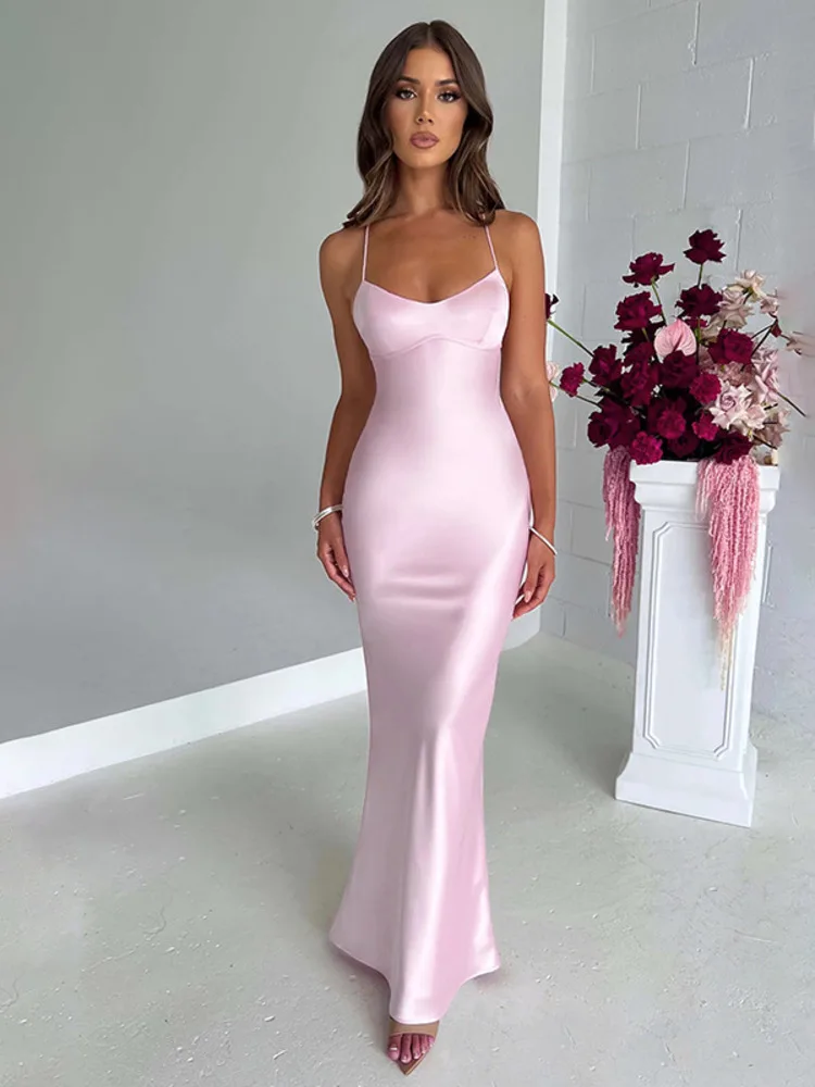 Seksowna sukienka bodycon na ramiączkach spaghetti, satynowa, z odkrytymi plecami, sznurowana, długa sukienka damska, elegancka sukienka wieczorowa na imprezę, do klubu.