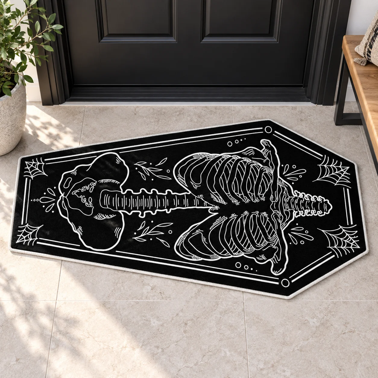 Gothic Skeleton Guitar Shaped Area Rug, Black White Floor Mat for Music Room Bedroom Living Room, Dark Art Home Decor Gift