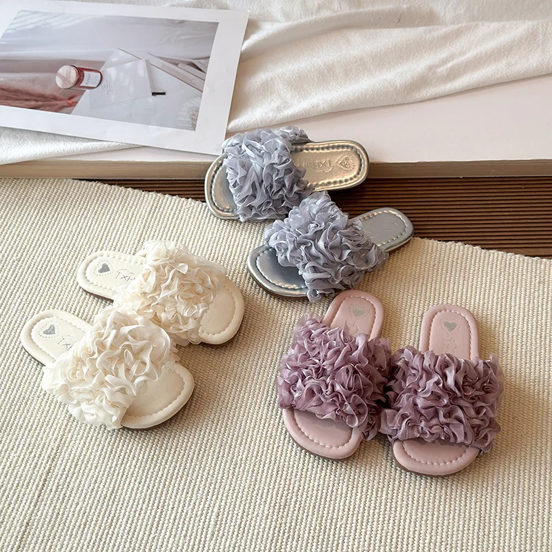 Fancy Lace Floral Flat Sandals Kid Girl Brand Design Summer Purple Rose Mule Shoes Child Outdoor Fashion Flower Slide Slippers