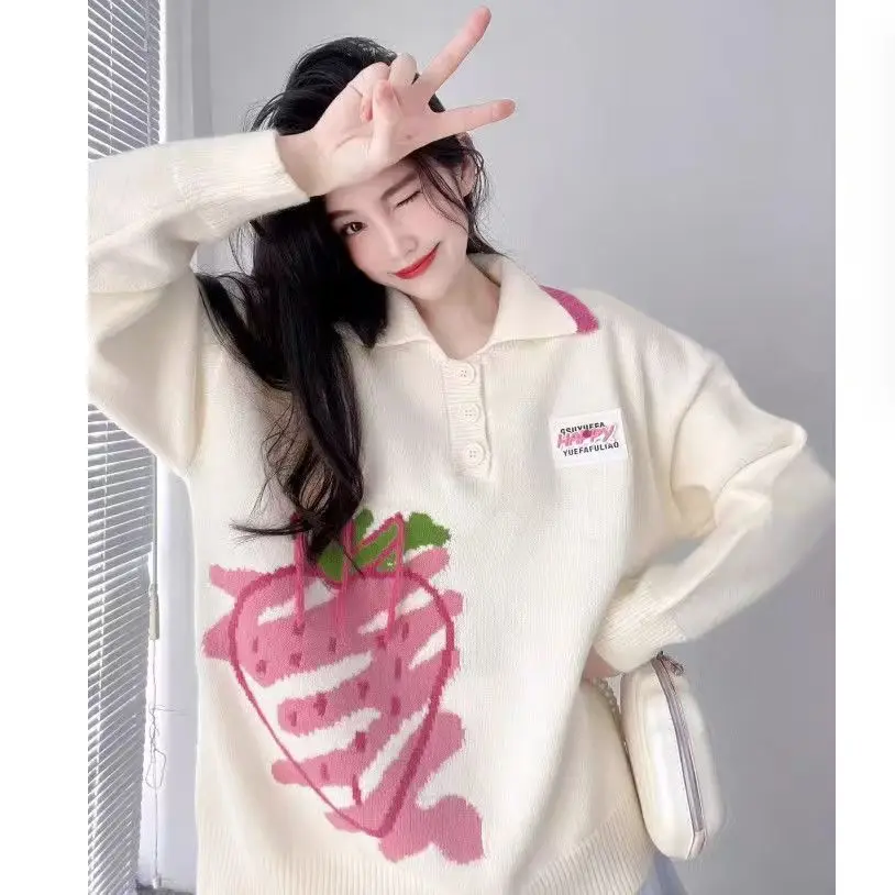 Suéteres japoneses Vintage con letras dulces y fresas para mujer, jerséis holgados de punto de manga larga para otoño, jersey Kawaii para mujer