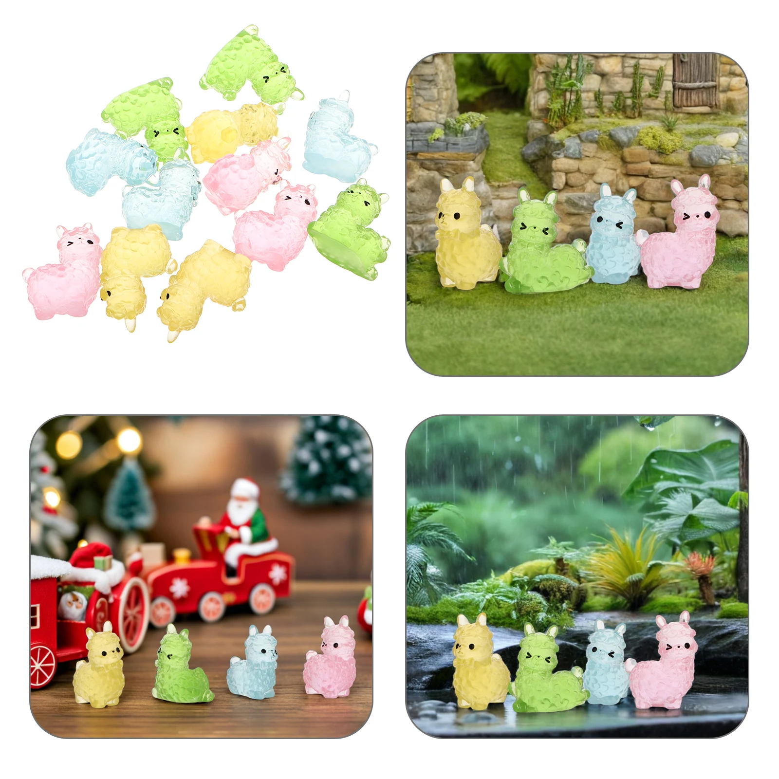 

12pcs Cute Alpaca Figurines Resin Mini Animal Ornament Glow in Dark Decor Small Luminous Statues for Garden Desktop Landscape
