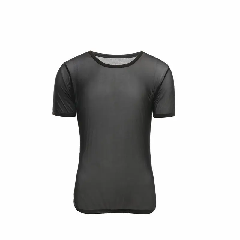 Men Short Sleeved Top Youth Mesh Transparent Bodysuit Gay Breathable Sexy Short Sleeved Round Neck Loose T-shirt Bottom Lingerie