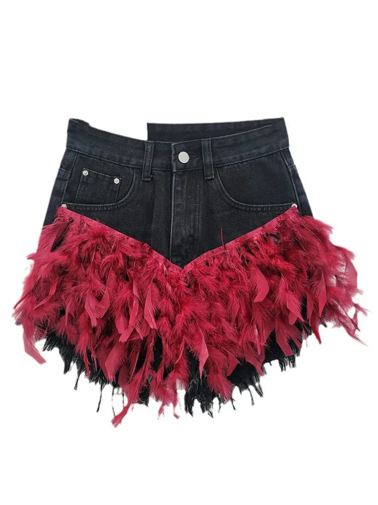 DEAT Trendy Women\'s Spliced Feather Design Denim Shorts 2024 Summer Fashion New High Waist A-line Short Pants Female 33A1842