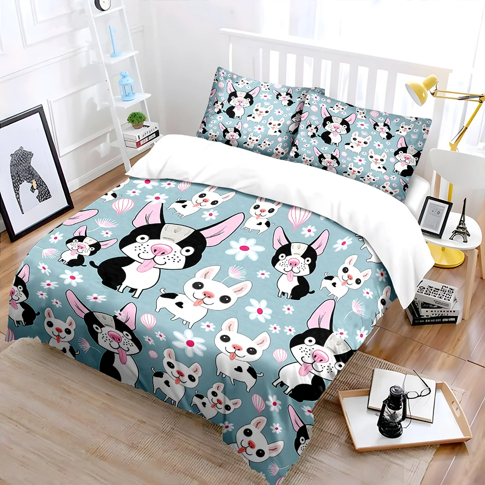 Cute dogs with floral patterns Bedding Set for Kids Luxury Gift 3pcs Digital Print Comforter Set Soft Comfortable Breathable