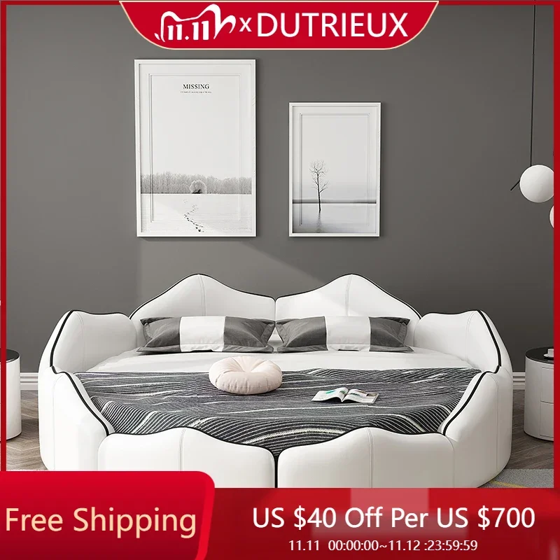 

Современная эстетичная кровать, круглая двуспальная свадебная мягкая гостиничная кровать, кремовая дизайнерская кровать из натуральной кожи Cama De Casal King Size, комплект мебели