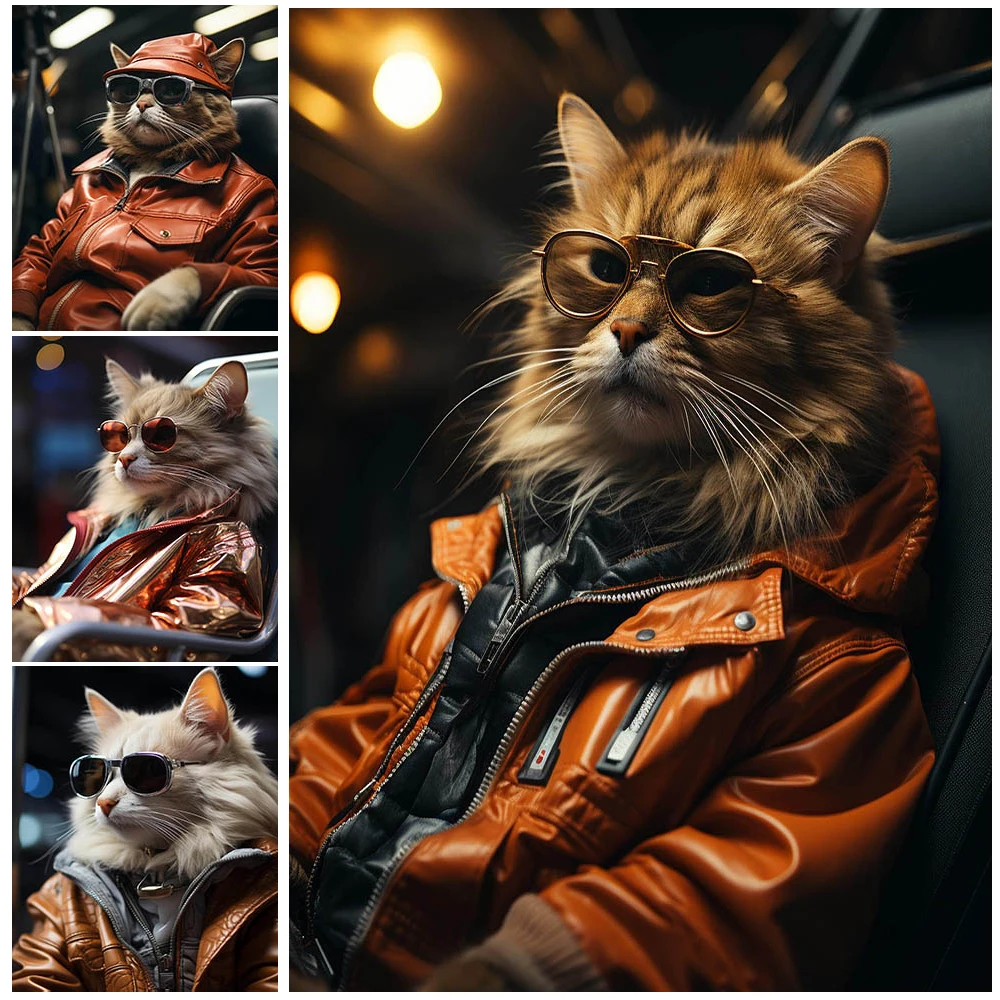 Cool Cat With Sunglasses & Leather Jacket Canvas Wall Art,Art,Anthropomorphic Cat Portrait Poster Print,Trendy Pet Art Decor