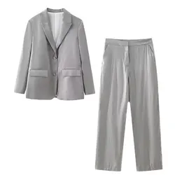 TRAFZA 2024 primavera estate ufficio signora abiti solidi monopetto blazer in raso + cerniera pantaloni lunghi moda donna set eleganti