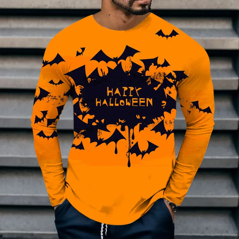 Men Long Sleeve T‑Shirt Halloween Gnome Ghost Pumpkin Bat Castle 3D Print Party Casual Streetwear Top