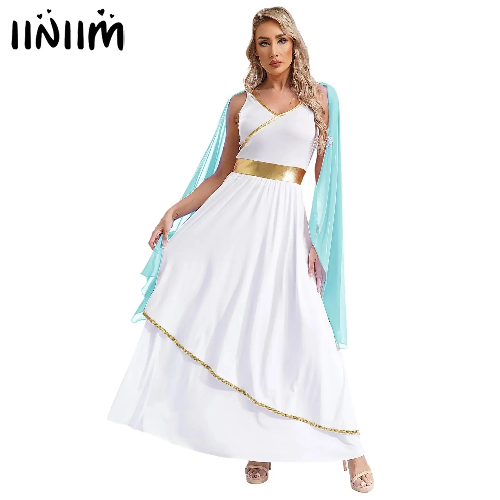 Womens Ancient Greek Beauty Dress Halloween Cosplay Costumes V Neck Sleeveless Gold Trims Toga Greece Roman Queen Cosplay Dress