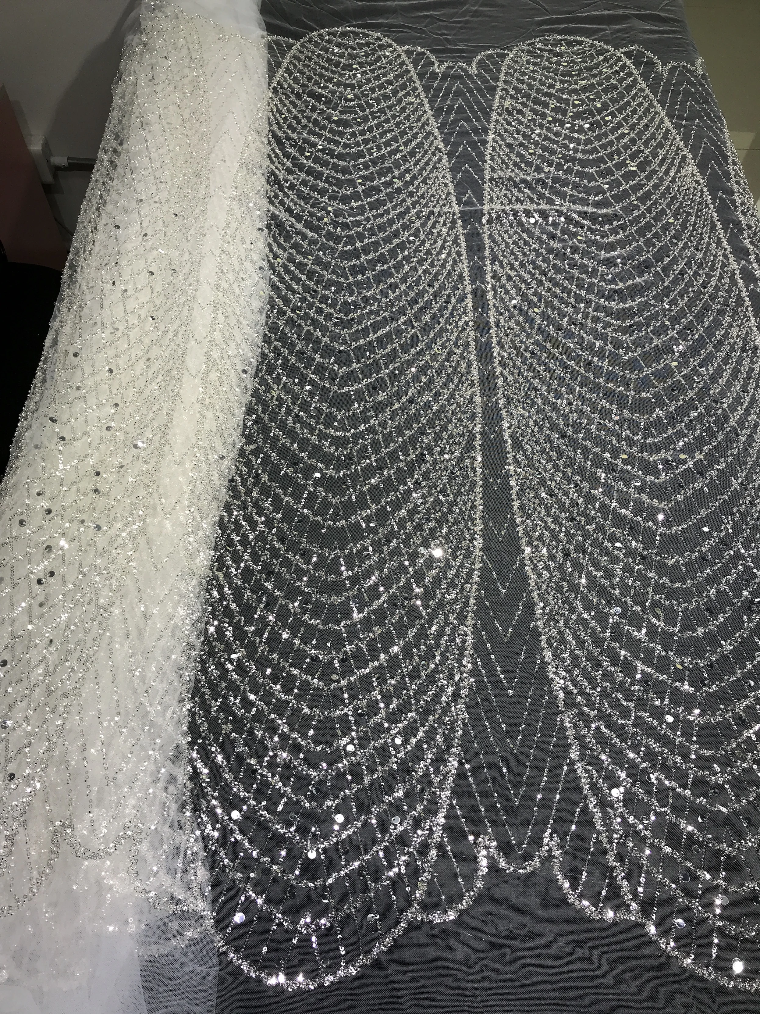 High Quality New Fashion White Bridal Beads Sequins Embroidery French Tulle Lace Fabric Ready To Ship For Party Evening Dress