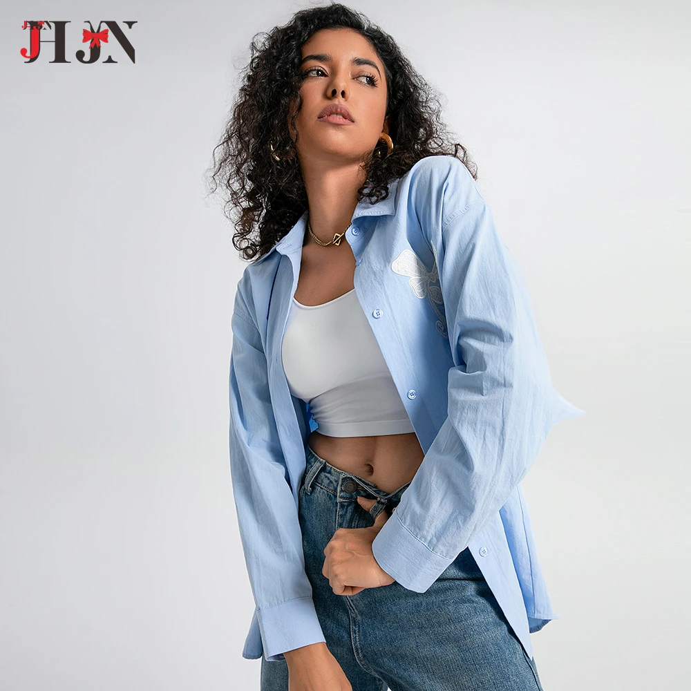 2024 Blusas Mujer De Moda Korean Vintage Embroidery Blouses Tops Light Blue Autumn Blouse for Women V Neck Bandage Loose Shirts